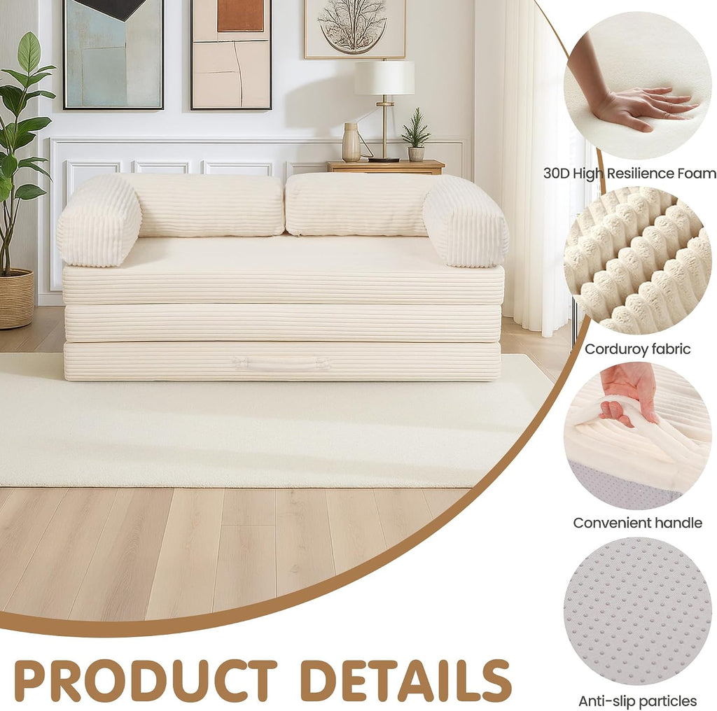 Convertible Sofa Bed Queen,5-in-1 Tri-Fold Boneless Couch with Removable Armrests & Handle,Corduroy Futon Sleeper Sofa,Floor Folding Mattress Pull Out Bed for Small Space Apartment Living Room Bedroom