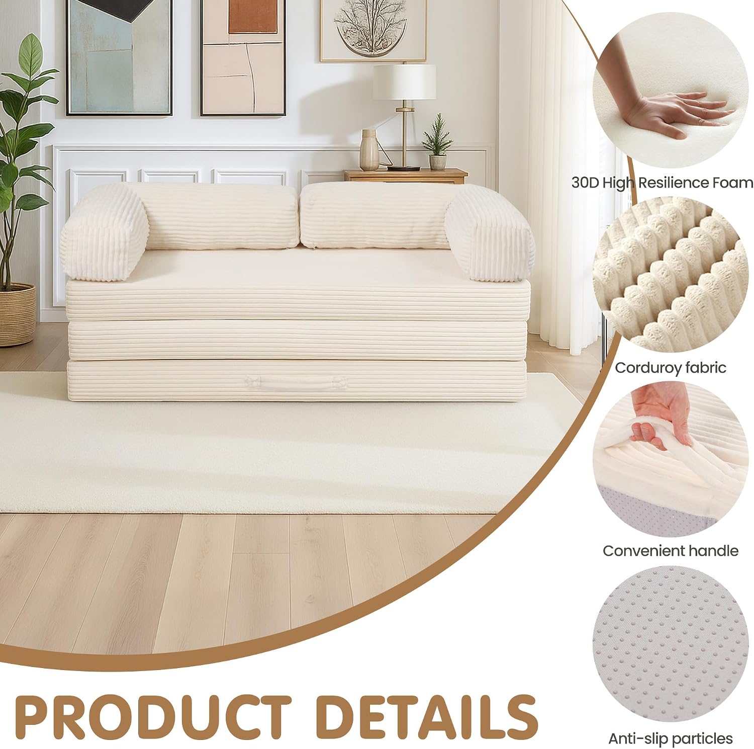 Convertible Sofa Bed Queen,5-in-1 Tri-Fold Boneless Couch with Removable Armrests & Handle,Corduroy Futon Sleeper Sofa,Floor Folding Mattress Pull Out Bed for Small Space Apartment Living Room Bedroom