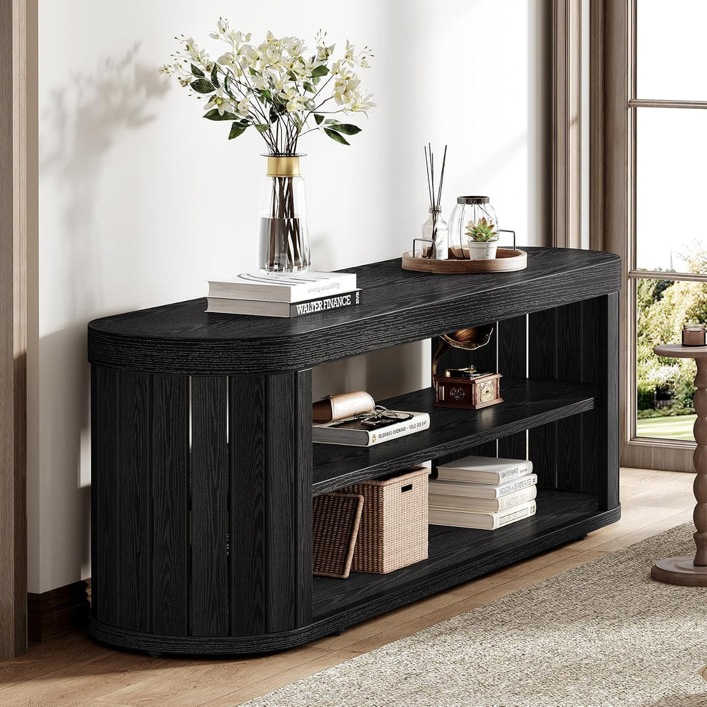 Tribesigns TV Stand for TVs up to 55 Inches, 47.2-Inch Entertainment Center with 2-Tier Open Storage & Adjustable Foot Pads, Oval Media TV Console Table for Living Room, Bedroom, Black
