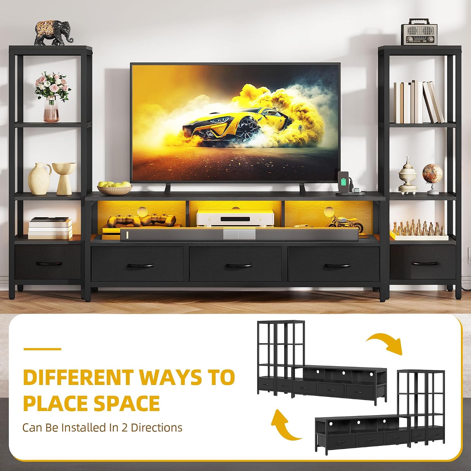 DWVO Entertainment Center with Bookshelves, LED TV Stand for 65/60 inch TV, Black TV Stand for Living Room with 2 Modern 4-Tier Bookshelves & Power Outlets, Black