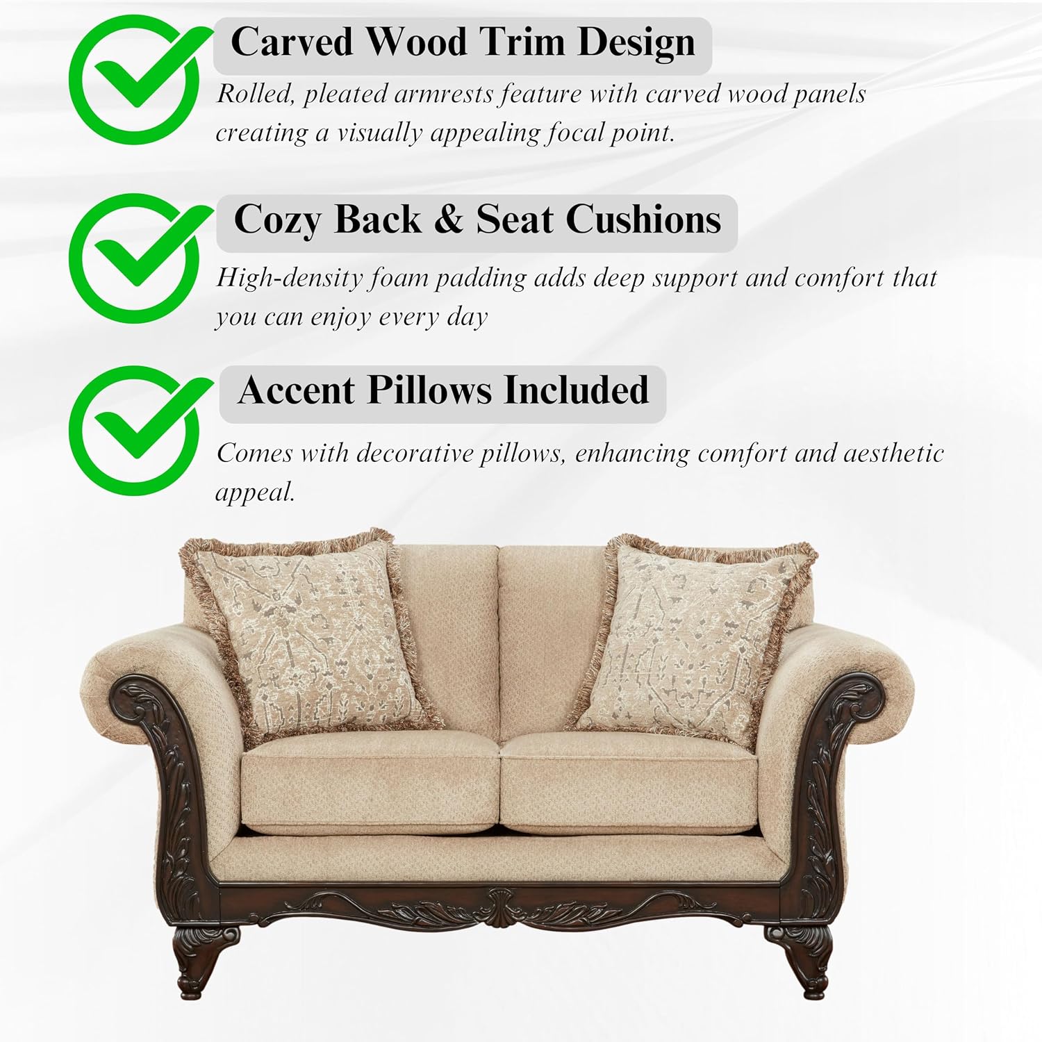 Hernen 2-Piece Living Room Set, Carved Wood Frame Sofa and Loveseat, Beige Wheat