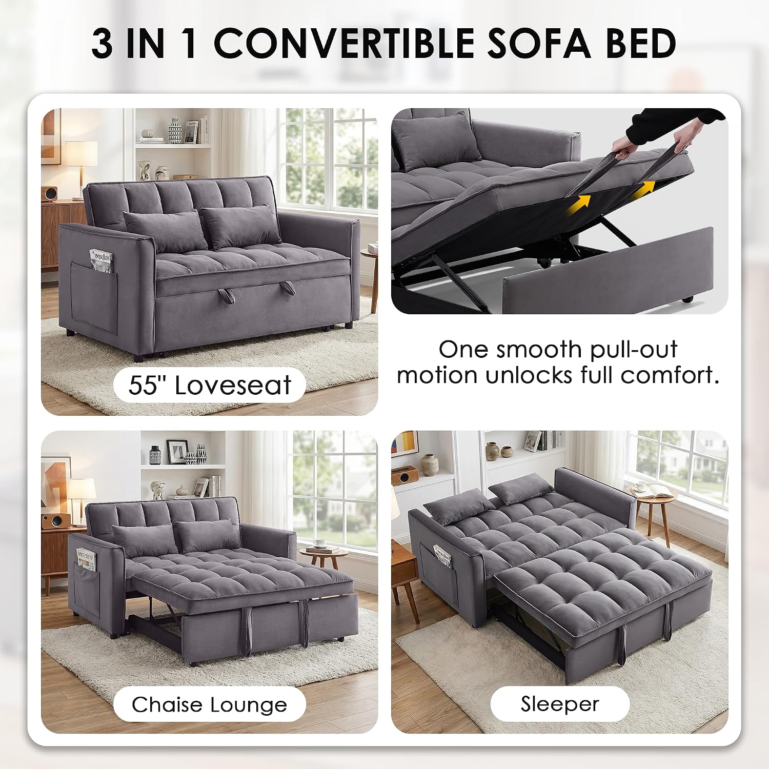 3 in 1 Convertible Sleeper Sofa Bed, 55' Pull Out Couches, Modern Loveseat Sleeper Sofa with Adjustable Reclining Backrest & Side Pockets for Living Room, Velvet Fabric, Dark Gray