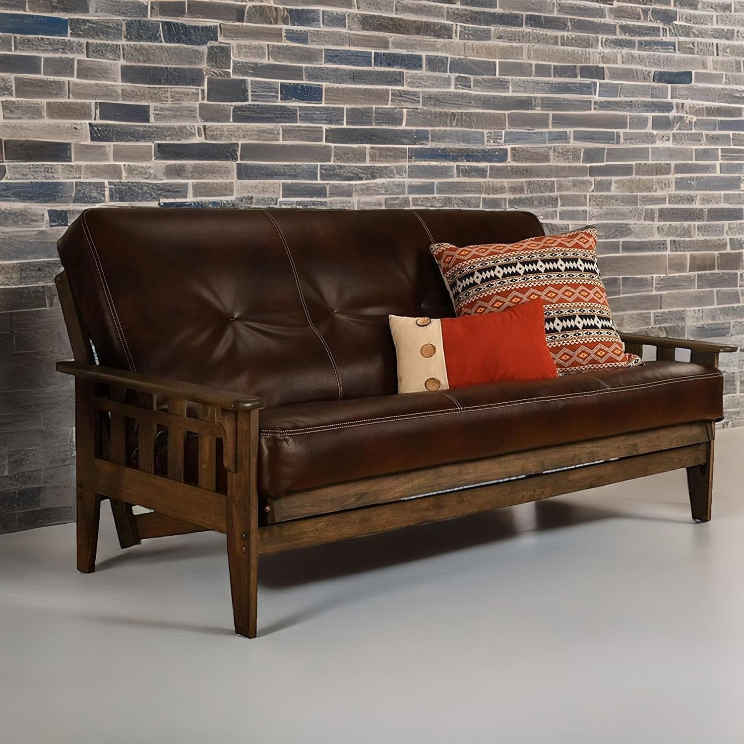 FutonX Rustic Walnut Frame and Mattress Set with Choice to add Drawers, 8 Inch Innerspring Futon Sofa Bed Full Size Wood (Leather Cappuccino Matt and Frame (No Drawers))