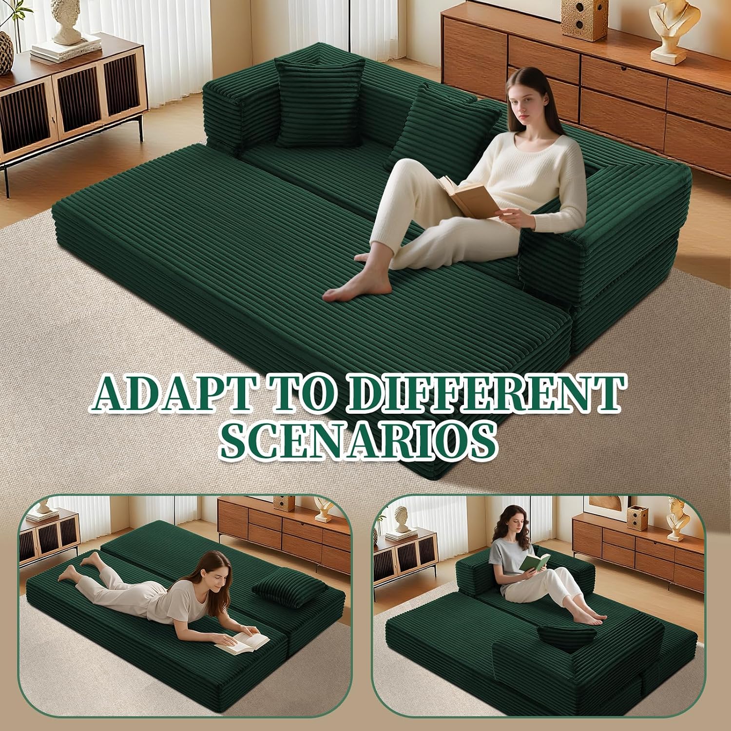 KBQ 3-Seat Convertible Sleeper Sofa Bed with 3 Pillows, Boneless Sofa in a Box Corduroy Folding Mattress Couch, Floor Sofa Lounge Couch for Living Room Bedroom Lounge, Deep Green