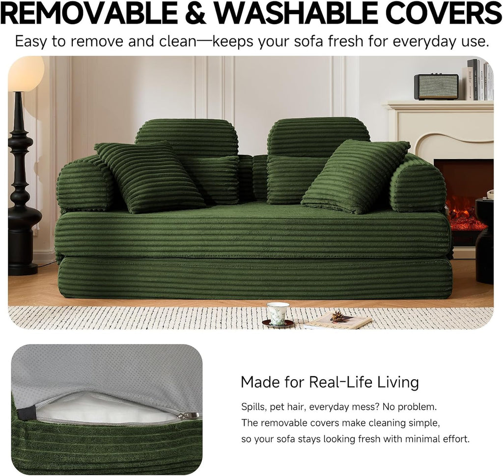 79' Sofa Bed, Deep Seat 32' Sleeper Sofa, 5-in-1 Convertible Sofa Bed, Boneless Couch in a Box, Corduroy Floor Futon with Thickened backrest and Headrest Pillows, Side Pockets, Dark Green
