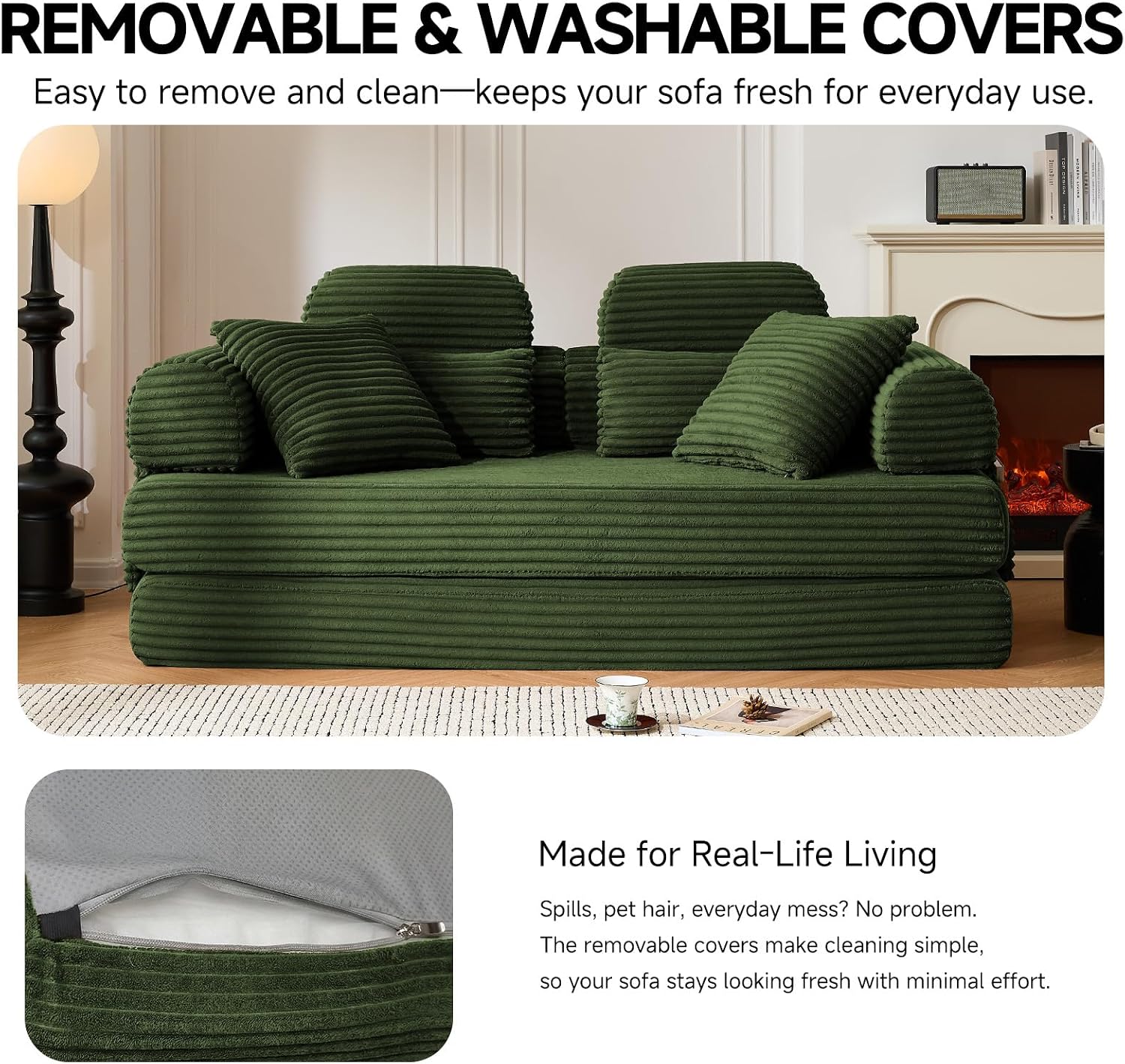 79' Sofa Bed, Deep Seat 32' Sleeper Sofa, 5-in-1 Convertible Sofa Bed, Boneless Couch in a Box, Corduroy Floor Futon with Thickened backrest and Headrest Pillows, Side Pockets, Dark Green
