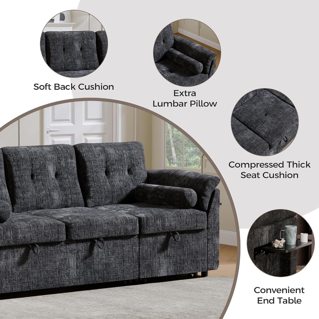 Convertible Sleeper Sofa Bed, 63 Inch Chenille Pull Out Couch with Side Table & Adjustable Backrest, Sectional Sleeper Sofa with Pull Out Bed for Living Room, Apartment, Black