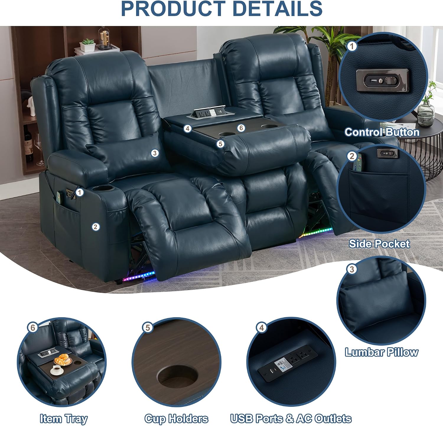 TUNYI Power Loveseat Recliner Sofa with Massage & Heat Home Theater Seating with Console RV Recliner Loveseat Sofa with USB/Storage/Side Pocket/LED Light/Speaker (Blue, 3 Seat)