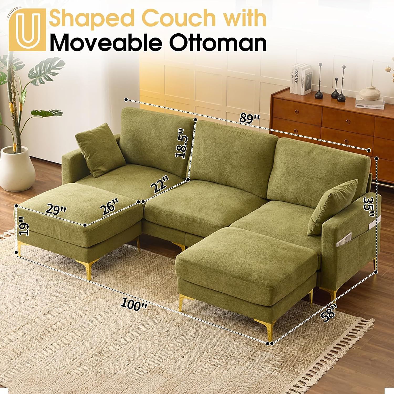 VINGLI 100' W U Shaped Couch with Ottoman, 22' Deep Seat Comfortable Sectional Couches for Living Room, 3 Seater Chenille Fabric Cloud Sofa for Apartment, Small Spaces, Bedroom, Green