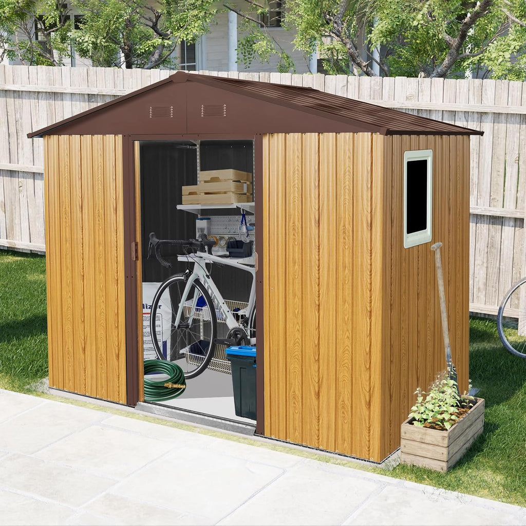 8ft x 4ft Outdoor Metal Storage Shed with Window and Metal Foundation,UV Protection & Waterproof Garden Tools Storage for Backyard, Patio, Lawn (Coffee)