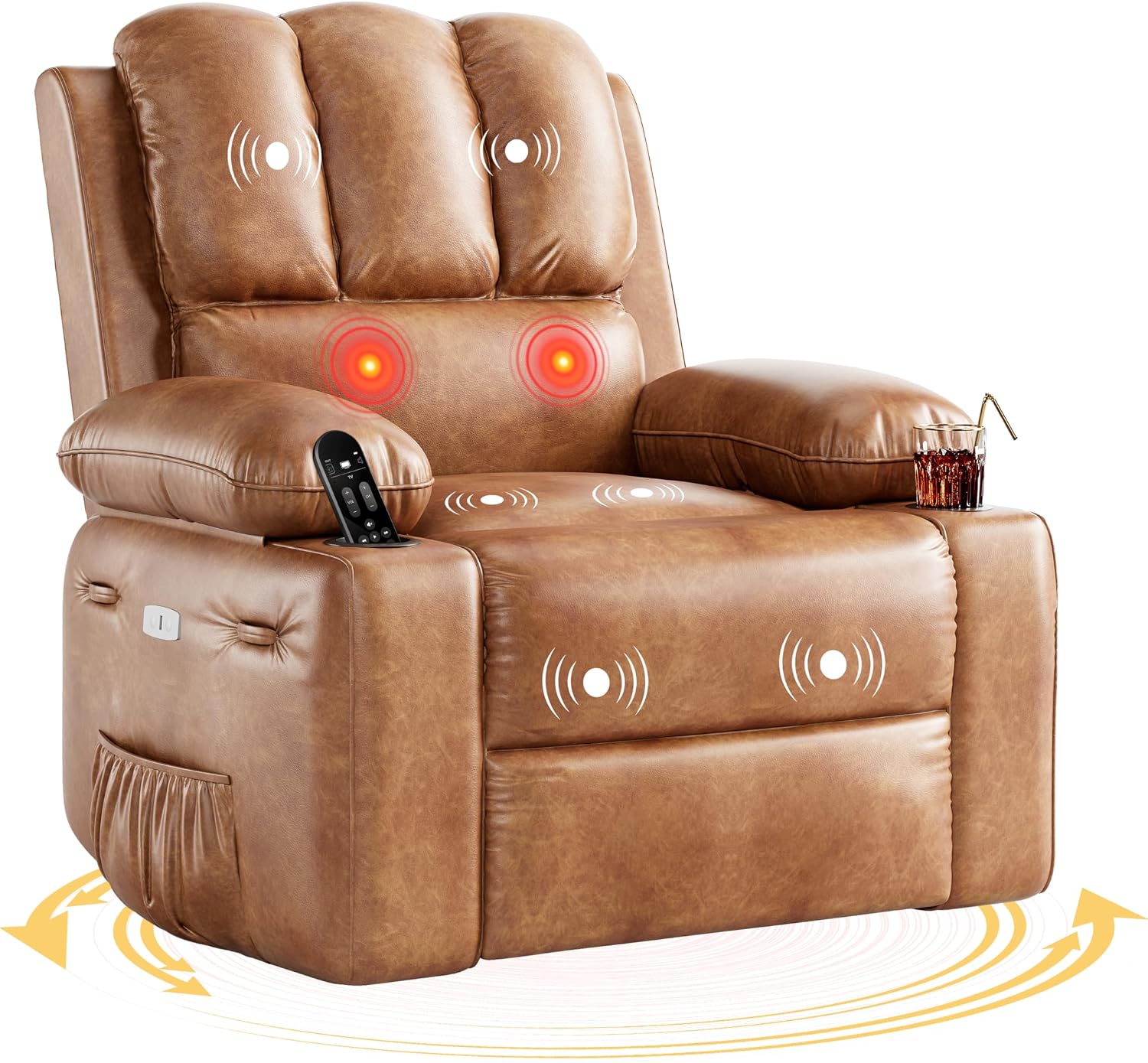 22'' Electric Recliner Chair for Adults, Swivel Rocker Recliner with Massage and Heat, Pu Leather Single Sofa with Cup Holder and Side Pocket, for Living Room, Bedroom, Vintage Leather