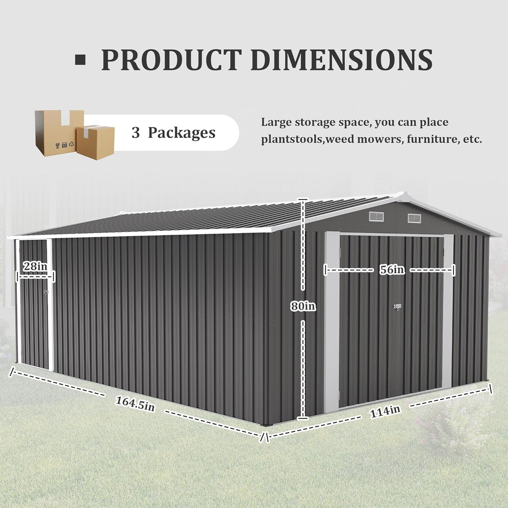 10x14 FT Outdoor Metal Storage Shed with Lockable Door, Steel Garden Utility Shed with Vents, Backyard Patio Tool Shed for Lawn Equipment, Bike, Firewood and Mower Storage, Gray