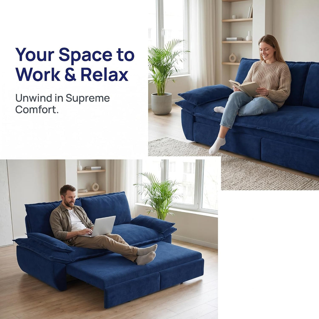 73.2' Sofa Bed Queen, 3-in-1 Pull Out Sofa Bed with Pillow Armrest, Modern Velvet Convertible Sleeper Futon Sofa for Living Room Small Space, Apartment, Bedroom, Blue