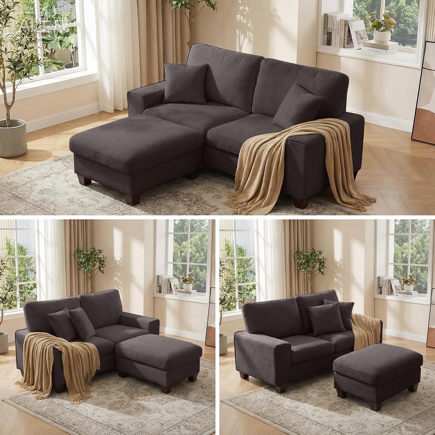 DOPEDIO L-Shaped Sectional Sofa with Storage Ottoman, Modern Chenille Recliner Loveseat, Removable Couch Covers, Pocket Spring Cushions, Solid Wood Frame, Easy to Install (71.25inch, Dark Grey)