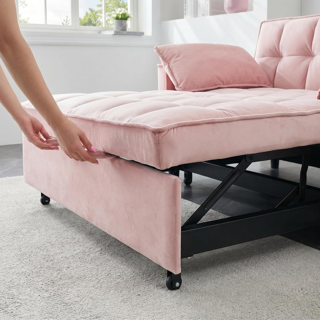 3 in 1 Convertible Sofa Bed, Loveseat Sleeper Sofa with Large Side Pockets, Pull Out Couch with Adjustable Backrest, Easy Assembly, Velvet Couch Bed for Small Spaces, Apartment, Pink