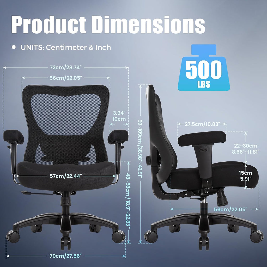 Big and Tall Office Desk Chair 500lbs, Ergonomic Heavy Duty Mesh Desk Chair, Executive Swivel Task Computer Chairs for Home Office, Adjustable Lumbar Support and Armrests (Black)