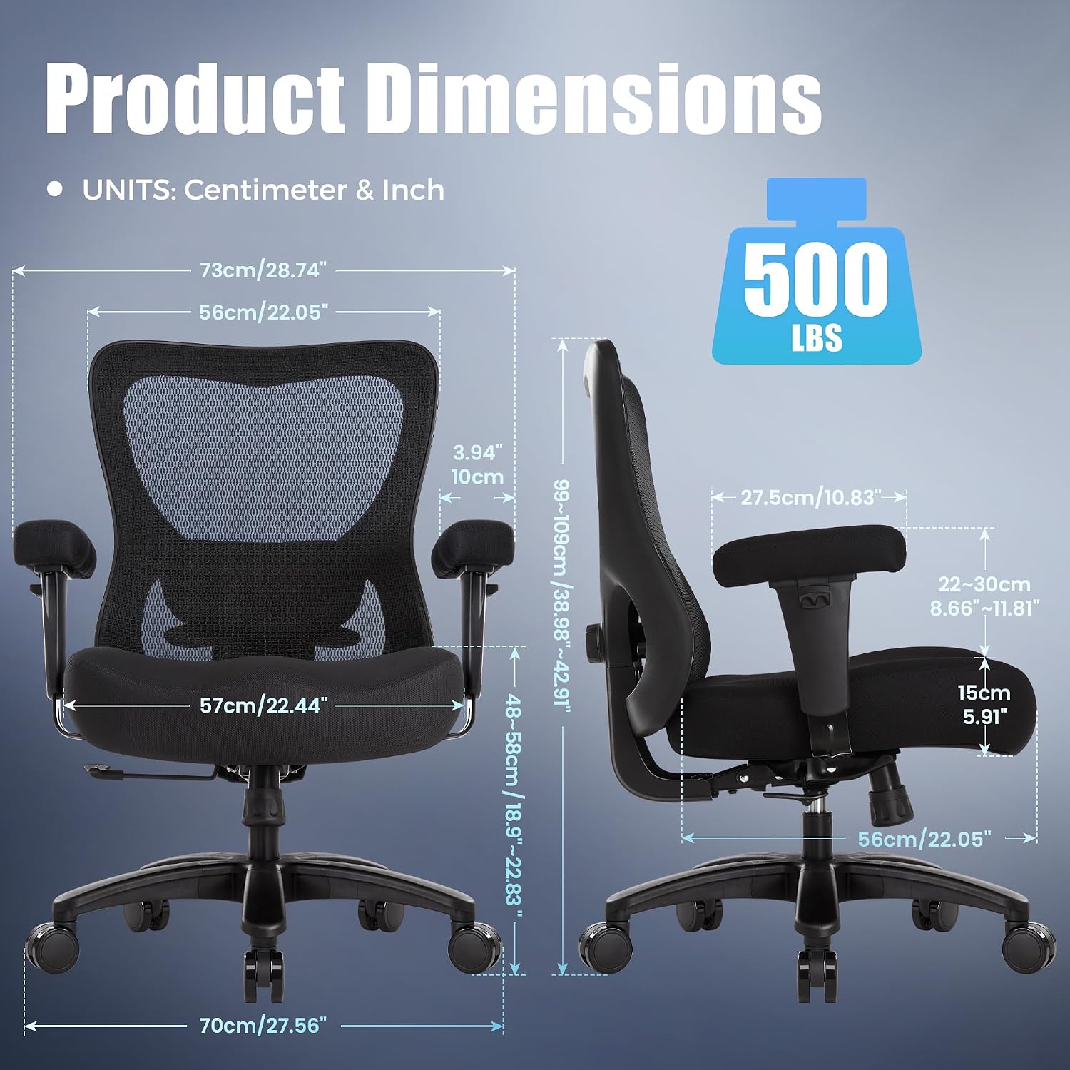Big and Tall Office Desk Chair 500lbs, Ergonomic Heavy Duty Mesh Desk Chair, Executive Swivel Task Computer Chairs for Home Office, Adjustable Lumbar Support and Armrests (Black)