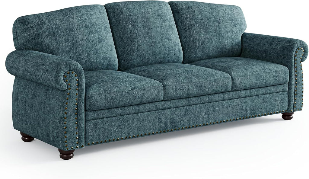 ONBRILL 90 Inch Rolled Arm Sofa for Living Room, Deep Seat Nailhead Trim Couch, Comfy 3 Seater Chenille Couch w/Wooden Leg, Springs Seat Cushion, Large Traditional Sofa for Farmhouse, Blue