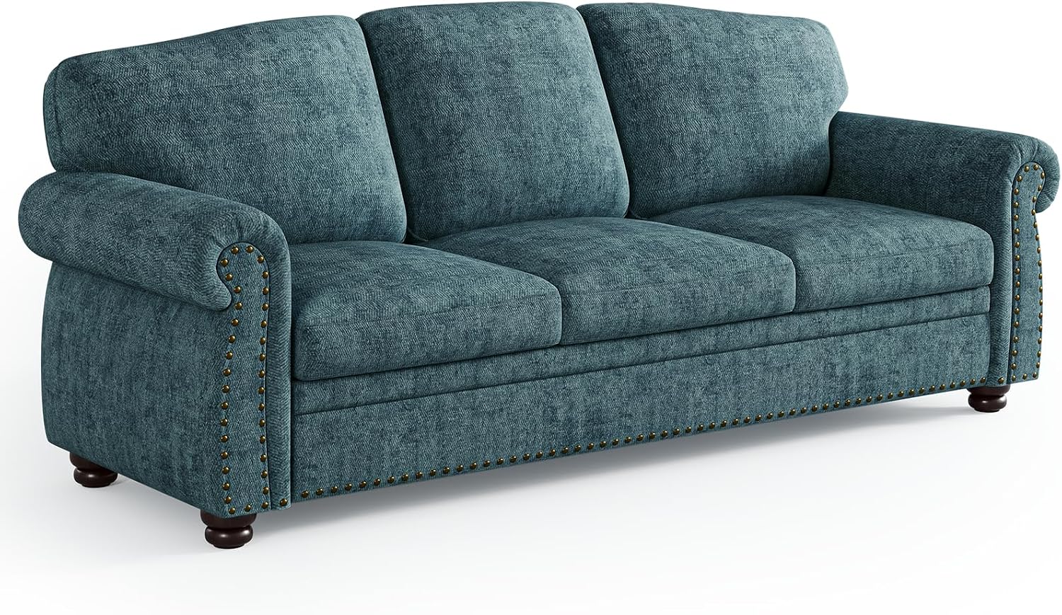 ONBRILL 90 Inch Rolled Arm Sofa for Living Room, Deep Seat Nailhead Trim Couch, Comfy 3 Seater Chenille Couch w/Wooden Leg, Springs Seat Cushion, Large Traditional Sofa for Farmhouse, Blue