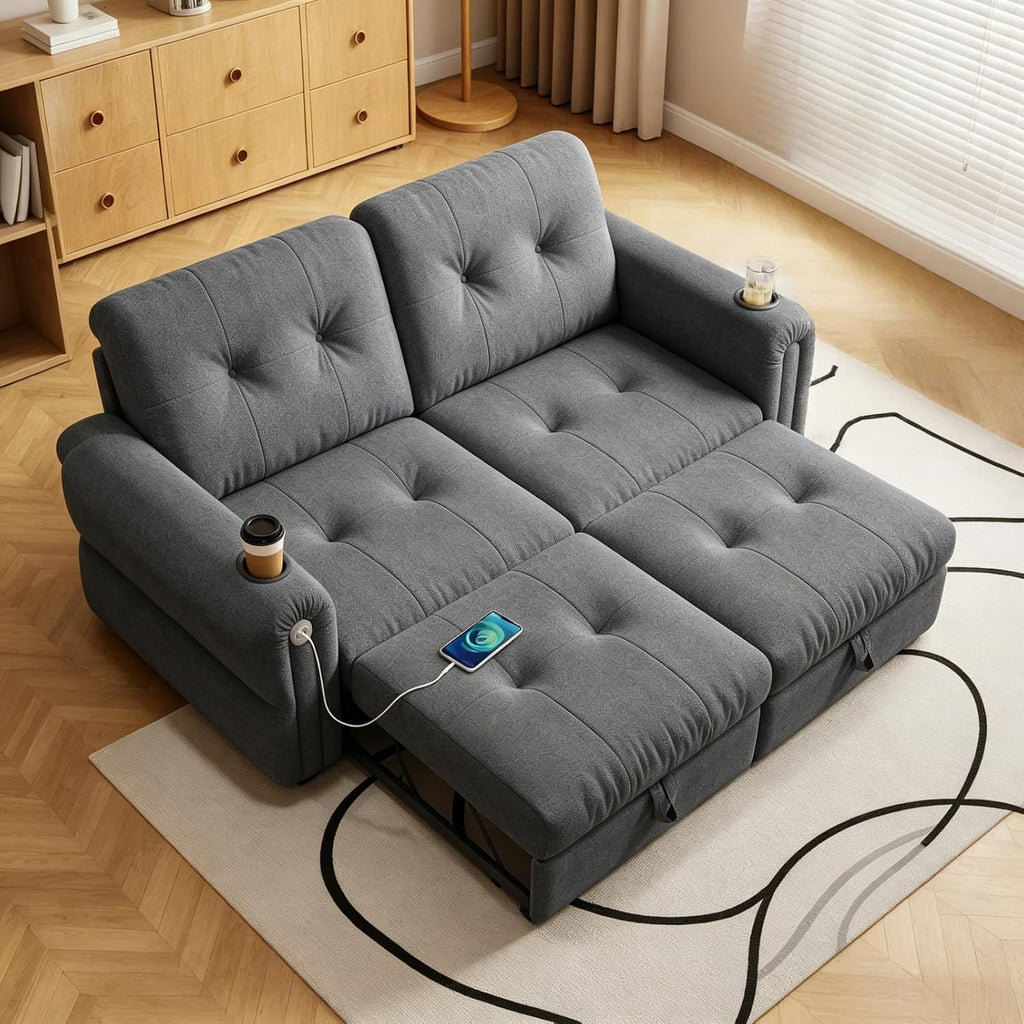 Convertible Couches, Queen Size Pull Out Sofa Bed with USB Charging Port and Cup Holders, Chenille Fabric Convertible Sofa Bed for Small Space, Living Room, Apartment, Guest Room, Dark Grey