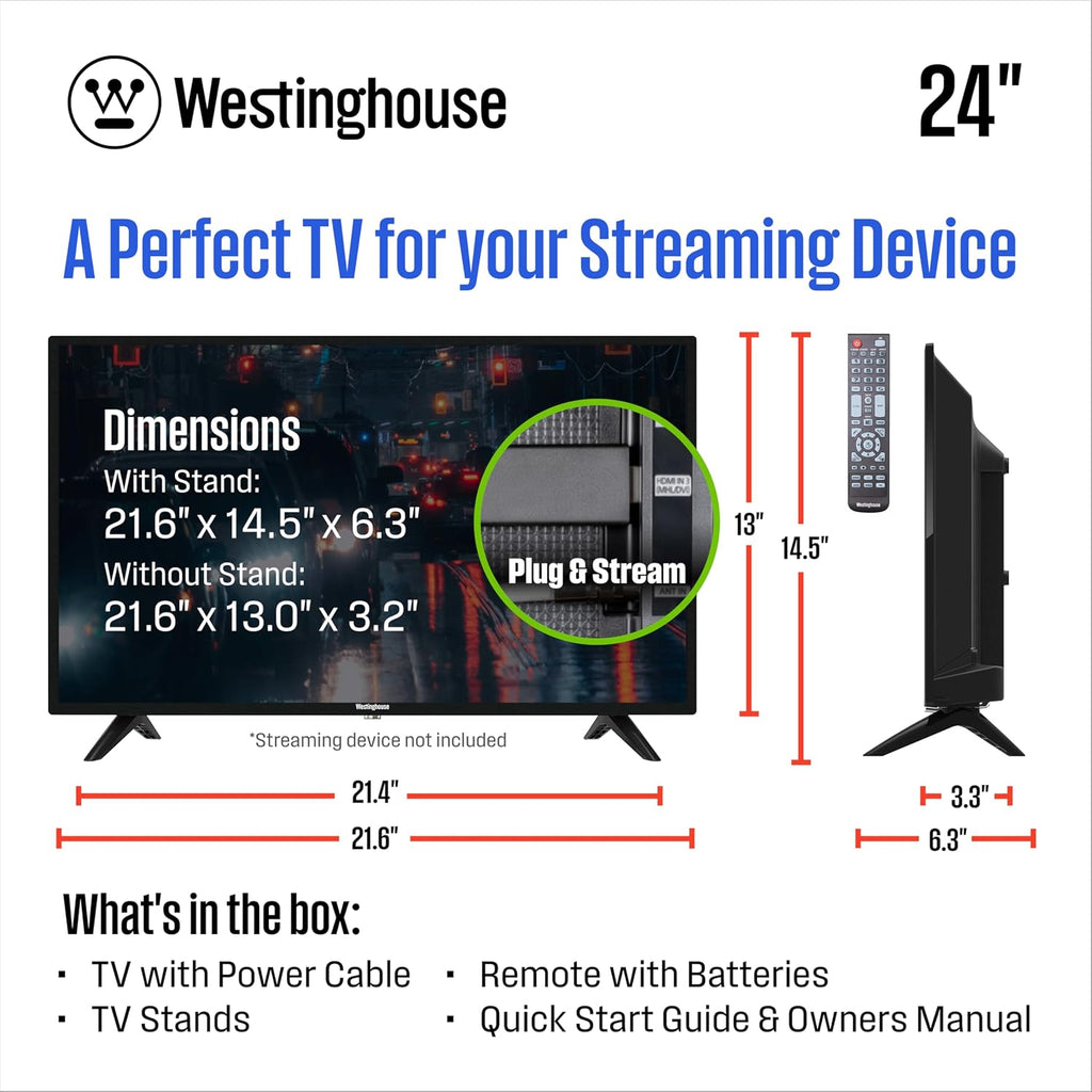 Westinghouse 24 Inch TV, HD LED Small Flat Screen Non-Smart Television, Works with Fire Stick, Roku, Apple TV, TiVo, Xumo, and Streaming Devices