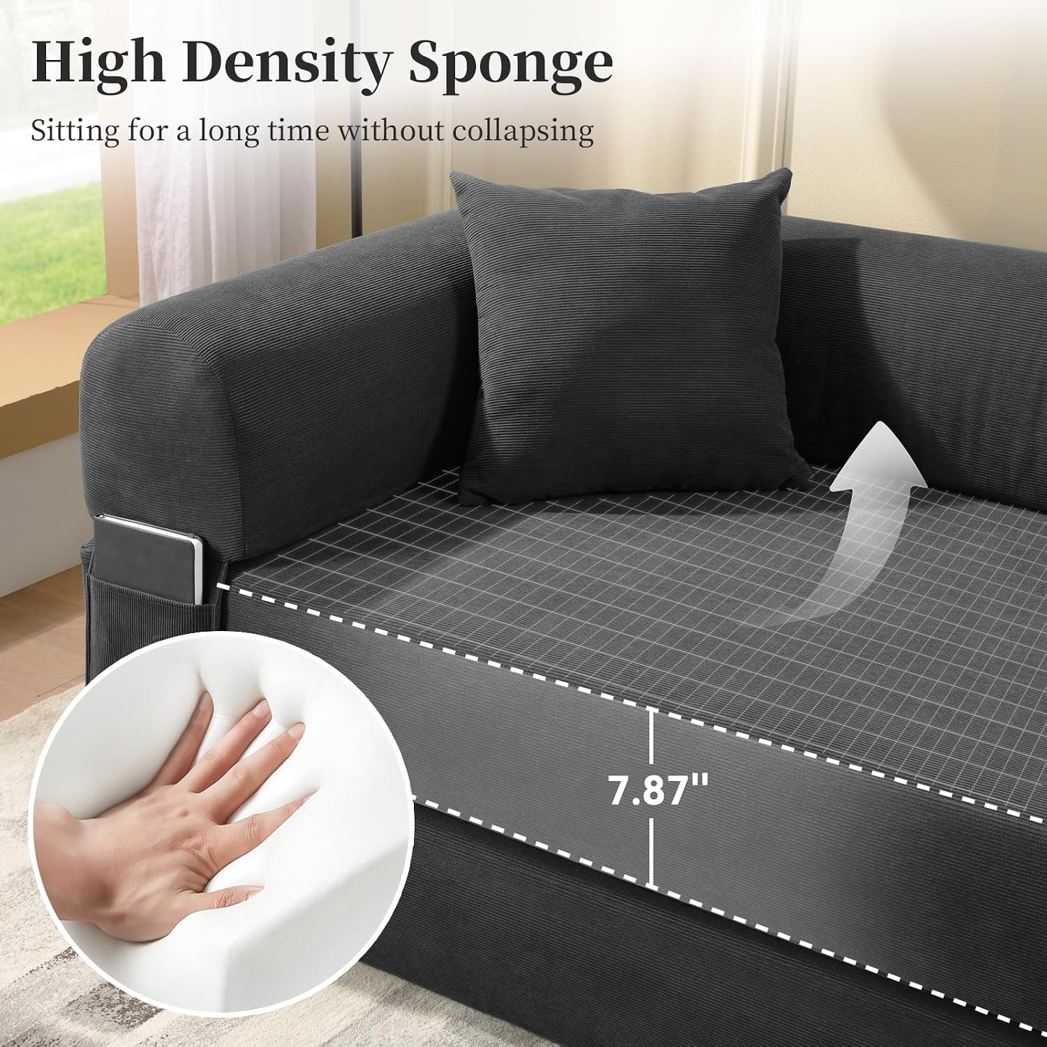 KBQ 3-Seat Convertible Sleeper Sofa Bed with 2 Pillows, Corduroy Folding Mattress Couch, Floor Sofa Lounge Couch for Living Room Bedroom Lounge Studio, Deep Gray