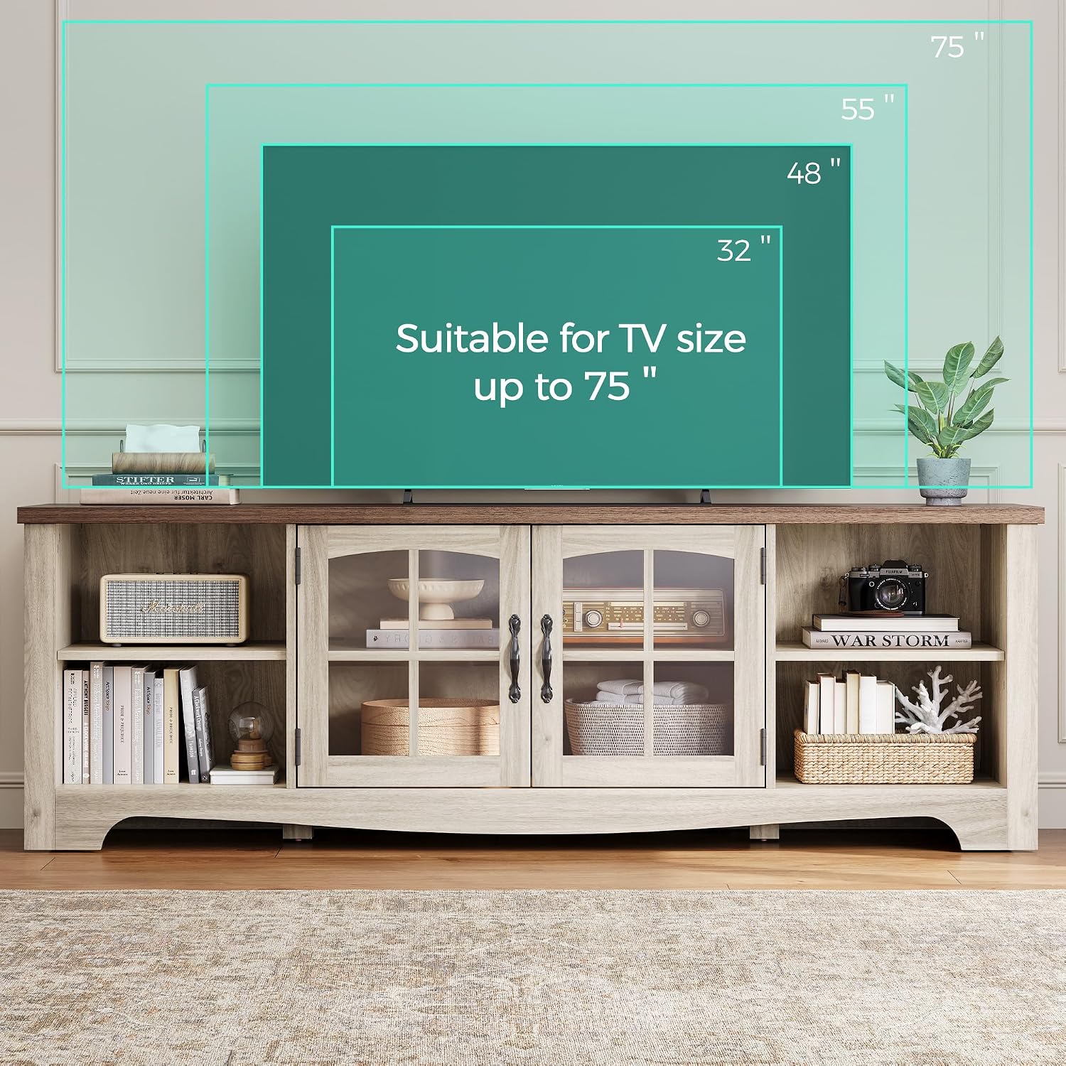 LINSY HOME TV Stand for 75 Inch TV, Modern Farmhouse Entertainment Center with Storage Cabinets and Glass Doors, Tall Media Console Table for Living Room, Bedroom, Large Long Television Stand, Beige