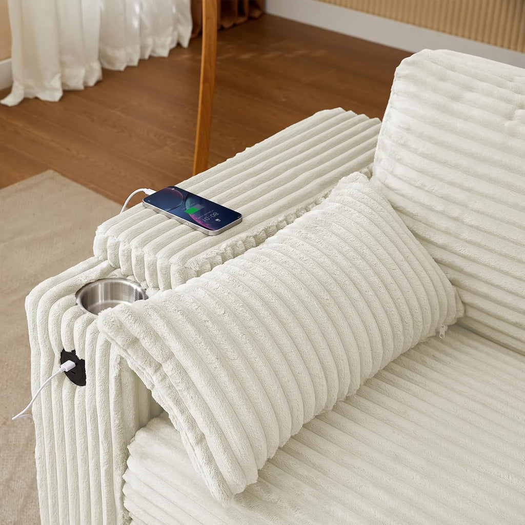 hansones 68.11' Corduroy Sleeper Chair Bed with USB Port, Cup Holders & Side Storage Pockets – 3-in-1 Foldable Sofa Bed for Guest Room, Living Room – White