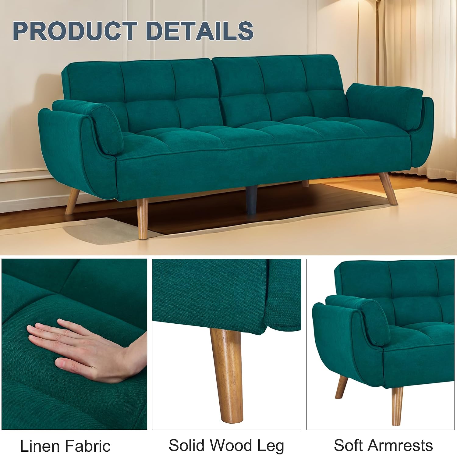 Convertible futon Sofa Bed, Sleeper Sofa Bed with Adjustable backrest, Small Space Small Sofa, Living Room, Bedroom (Green)