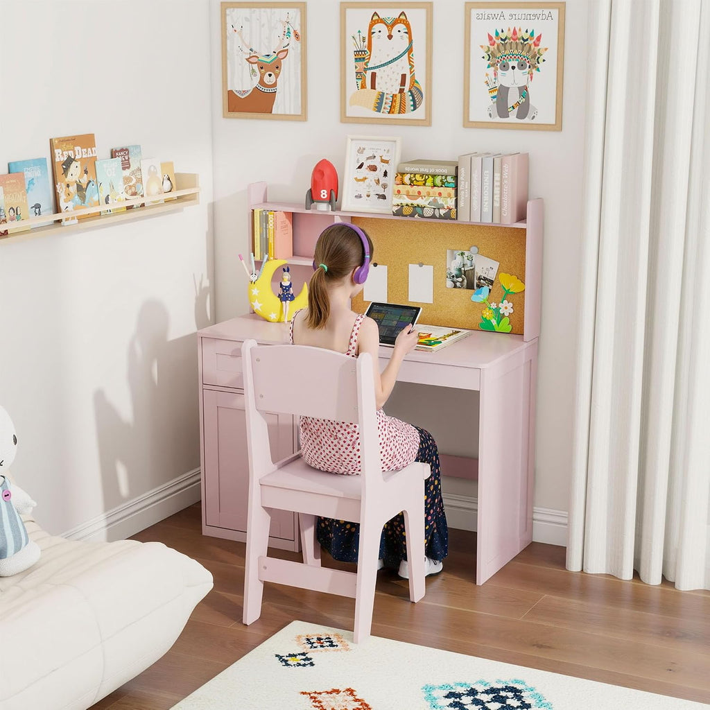 FTZxHKLX Dress Up Storage & Kids Desk Chair Set, Open Hanging Armoire Closet & Wooden Kids Desk and Chair Set with Storage Cabinet for Bedroom, Study Room, Pink