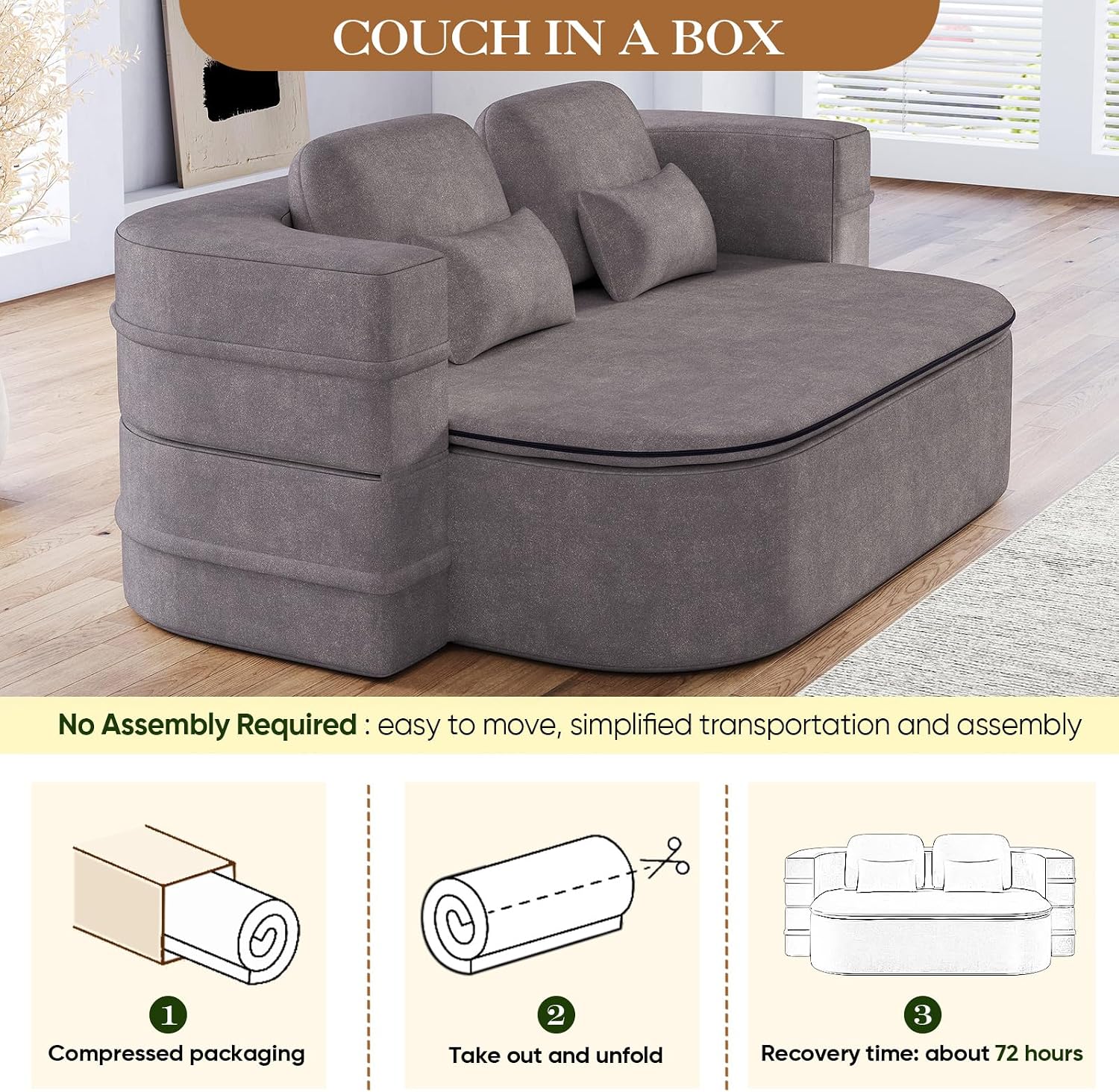 Antetek Convertible Sleeper Sofa, Modern Folding Futon Chenille Floor Foam Compression Loveseat Sofa Bed Couch, Foldable Full Size Guest Bed with 4 Pillows for Living Room Bedroom Apartment, Grey