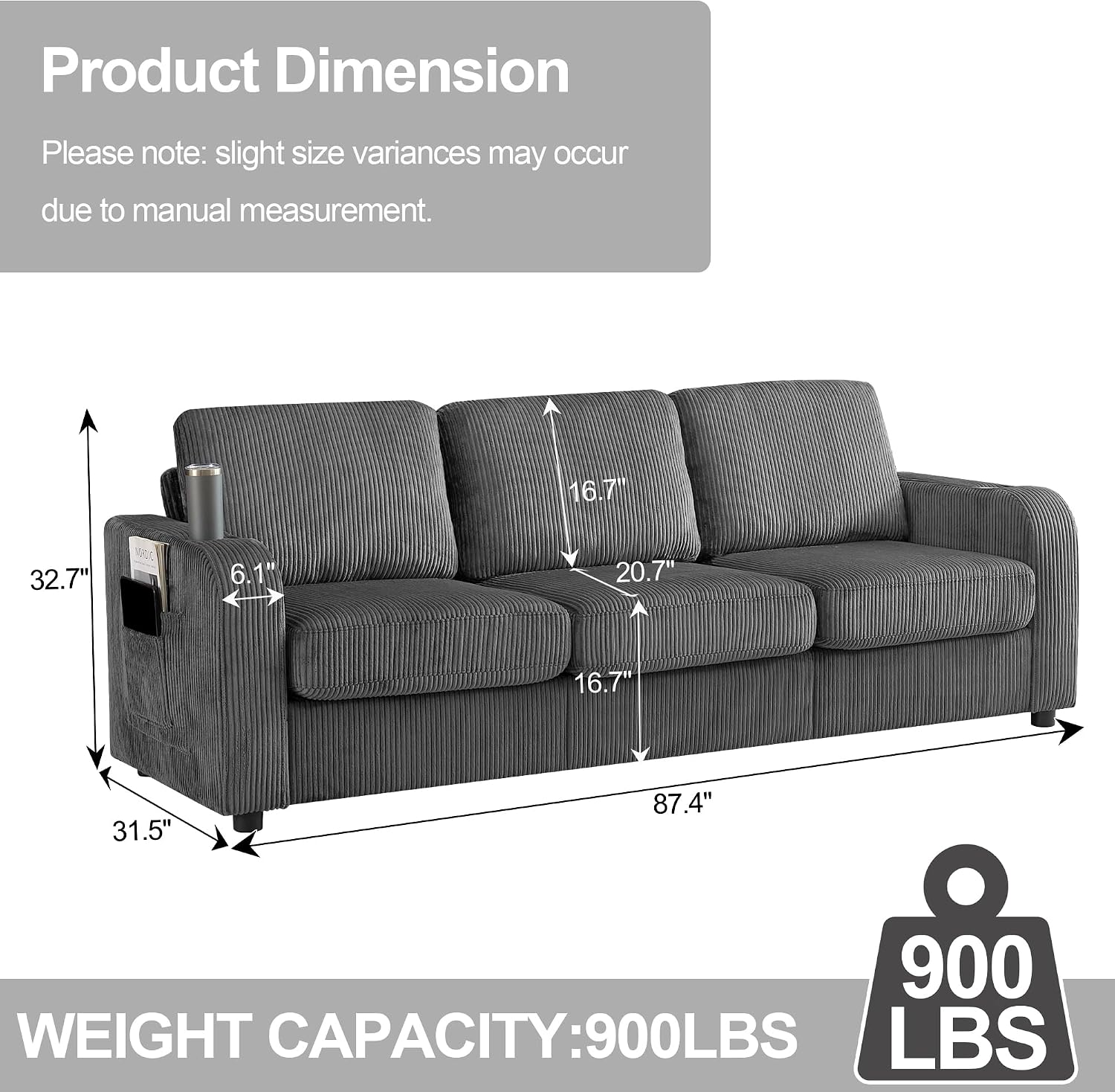 87.4' Oversized 3 Seater Couch, Upholstered Sofa for Living Room,Modern Deep Seat Comfy Love Seat Couch with Cup Holders,Corduroy Loveseat Sofa (Grey)