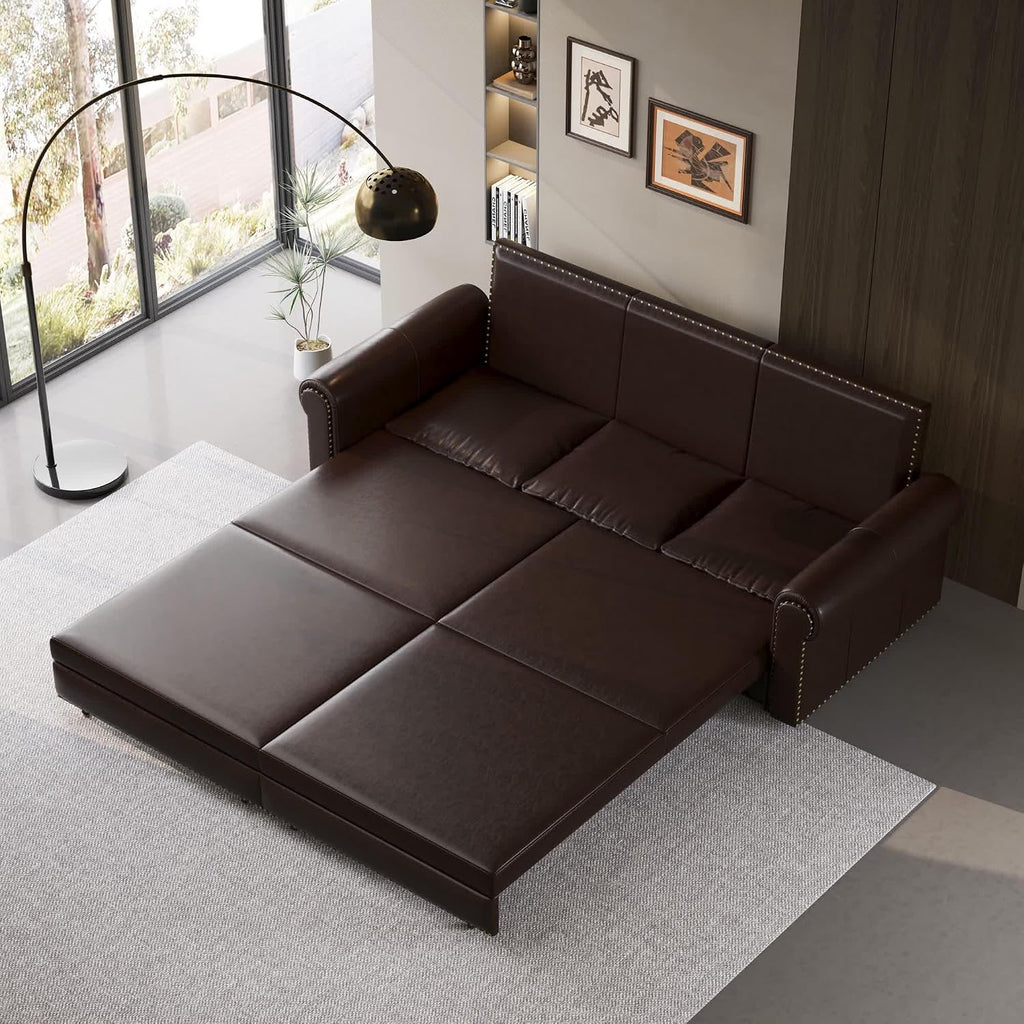93.7' King Pull Out Sofa Bed, Faux Leather Sleeper Sofa Couch, 3 in 1 Convertible Futon Couches for Living Room, Small Space, Apartment, Office, Bedroom, Modern Rivet Armrest, Dark Brown