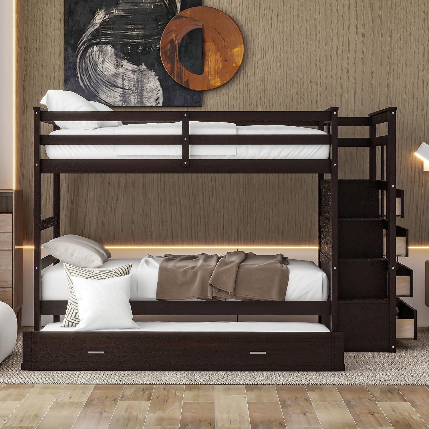 Harper & Bright Designs Twin Over Twin Bunk Bed with Staircase and Trundle, Solid Wood Bunk Beds with 4 Storage Drawers and Safety Guard Rail, Kids Bunk Bed Frame, No Box Spring Needed (Espresso)