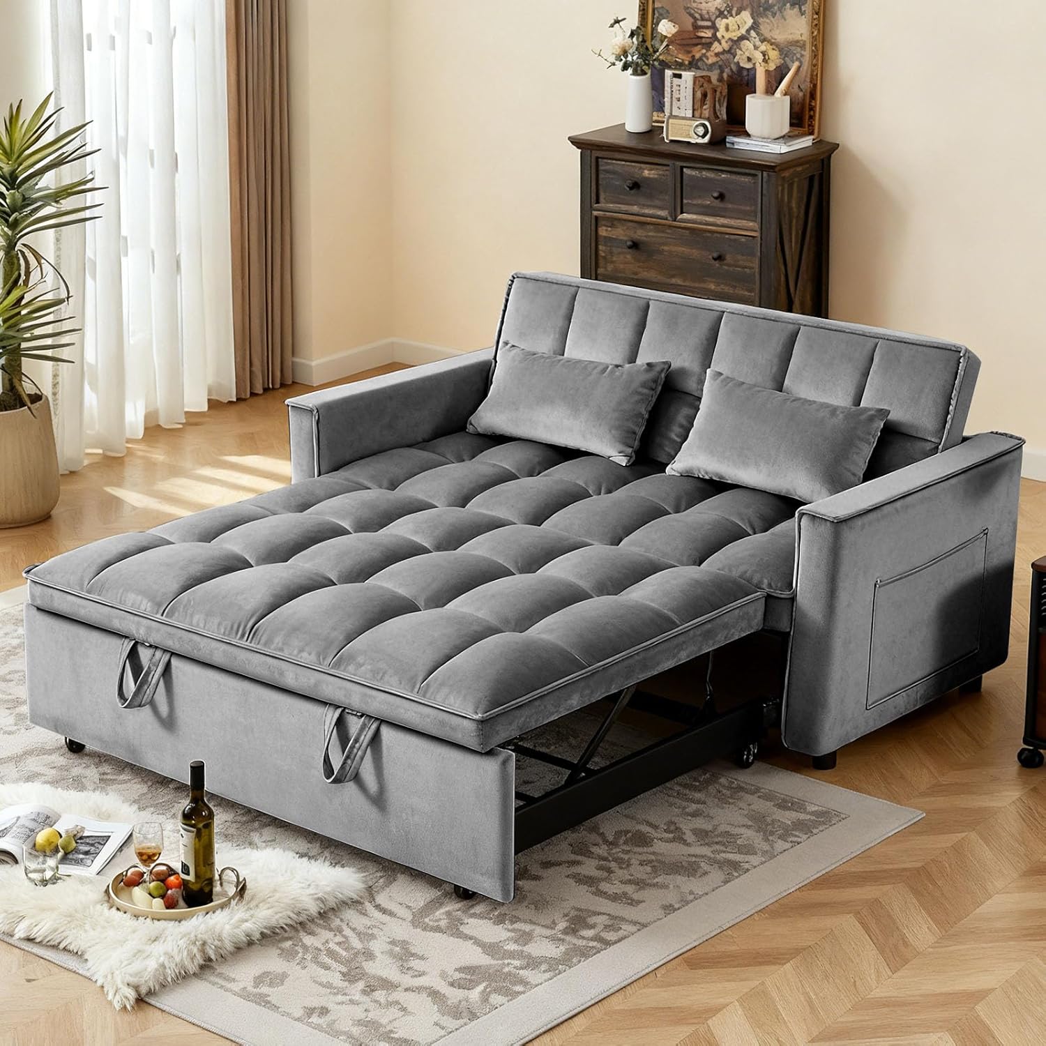 Pull Out Couch, Loveseat Sleeper Sofa Bed with Side Pockets, 3 in 1 Velvet Fabric Convertible Sofa Bed with Adjustable Backrest for Living Room, Bedroom, Apartment, Gray