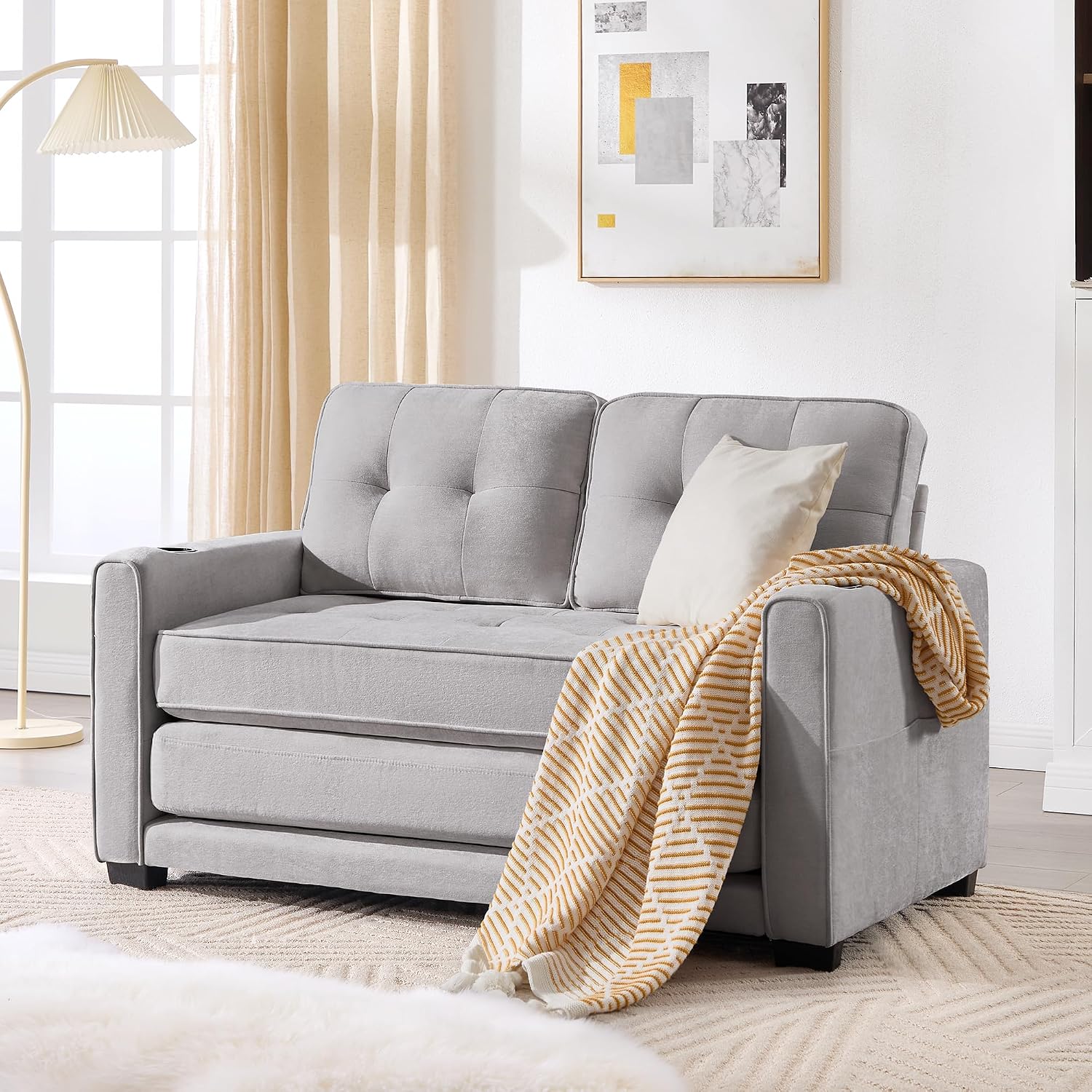 Convertible Sofa Bed, Pull Out Loveseat Sleeper Couch,Linen Fabric 2 in 1 Folding Couch Bed, Fold Out Floor Futon Couches with Cup Holder for Living Room, Bedroom,Small Space, Light Grey