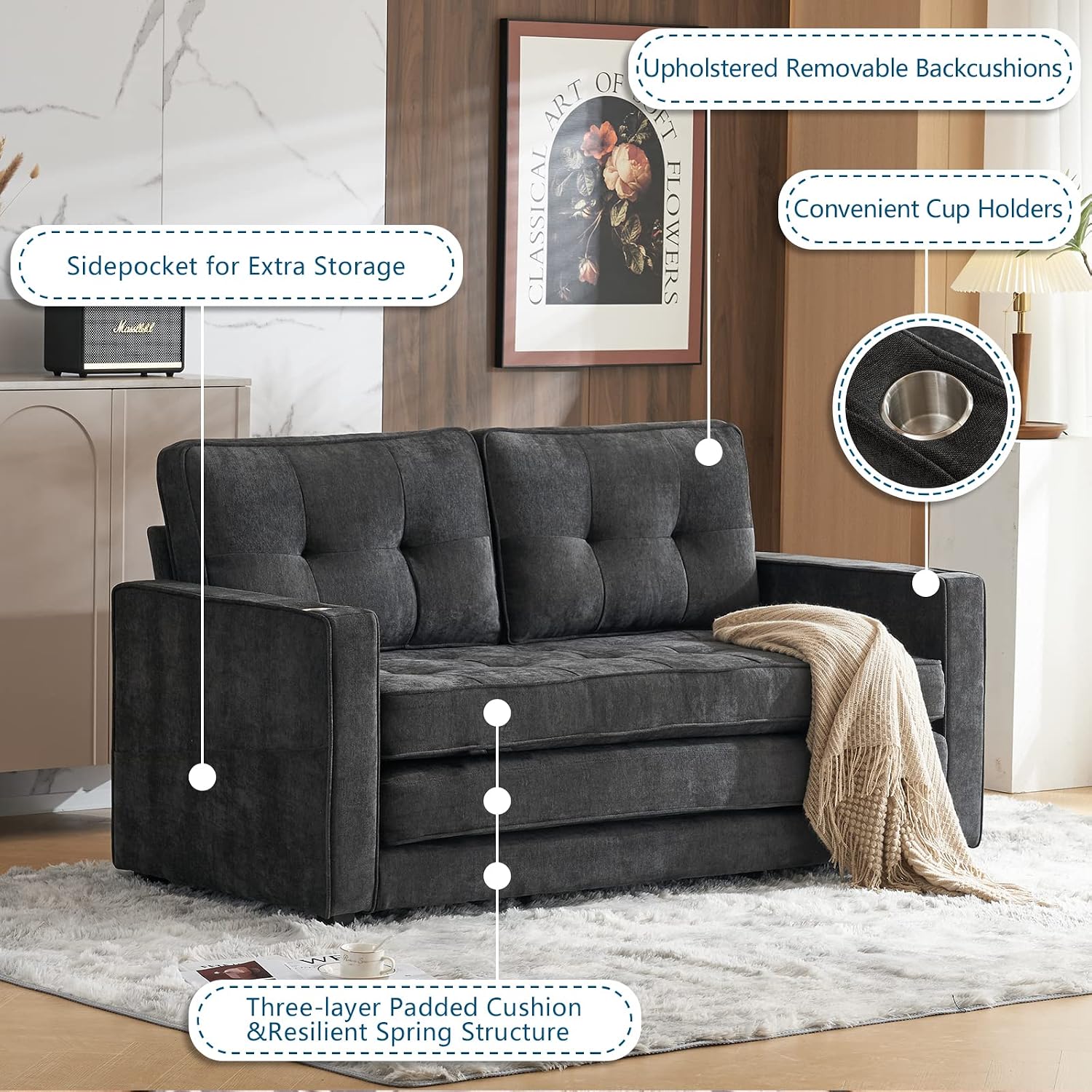 VINGLI Upgraded 64' W 84' L Full Size Futon Sofa Bed, 6' Thick Upholstery Chenille Loveseat Sofa Sleeper Pull Out Couch,Convertible Floor Couch for Living Room, Bedroom, Entertainment Room, Dark Grey