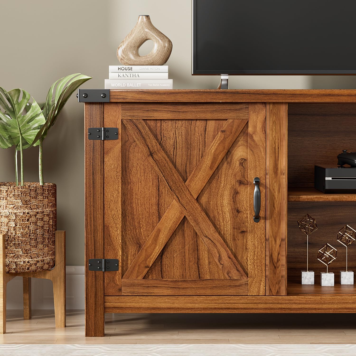 YESHOMY Modern Farmhouse TV Stand with Two Barn Doors and Storage Cabinets for Televisions up to 65+ Inch,Entertainment Center Console Table,Media Furniture for Living Room,58 Inch, Walnut,YH-TS103DWA