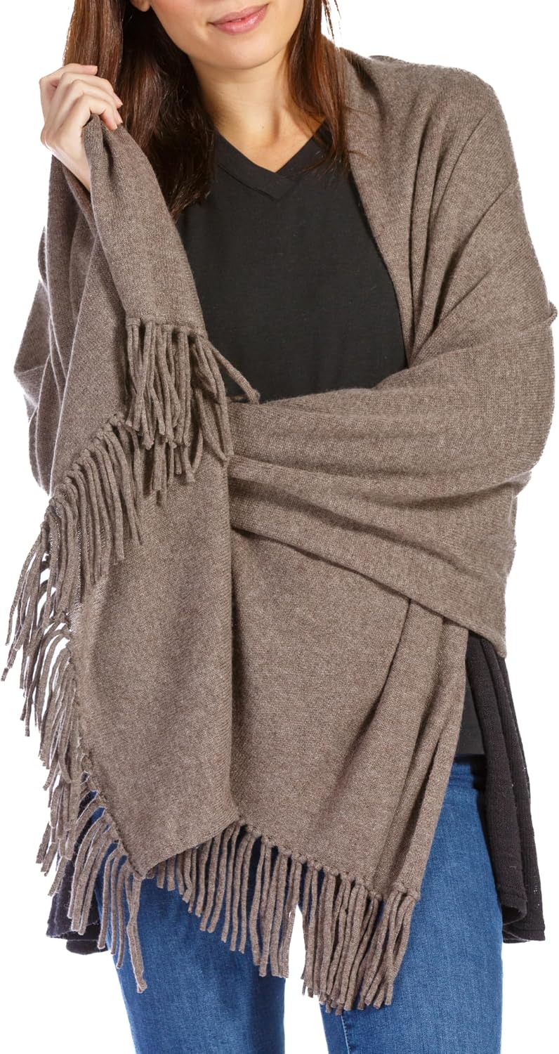 Fishers Finery Women's 100% Cashmere Knit Shawl Wrap with Fringe | Oversized 78' long by 28' wide