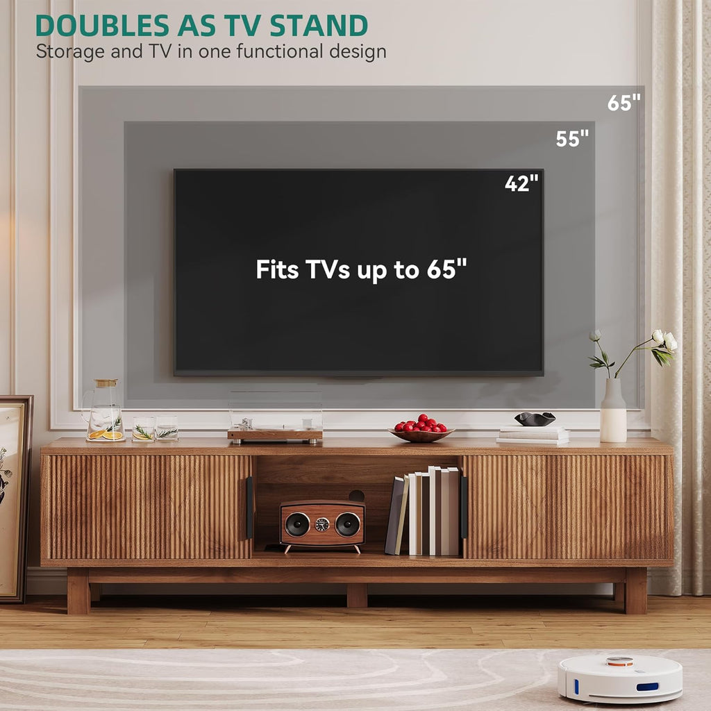 YITAHOME 59' Fluted TV Stand for TVs up to 65', Mid-Century Modern Media Console with Built-in Power Outlets, Adjustable Shelves & Cable Holes, Wooden Entertainment Center for Living Room, Walnut