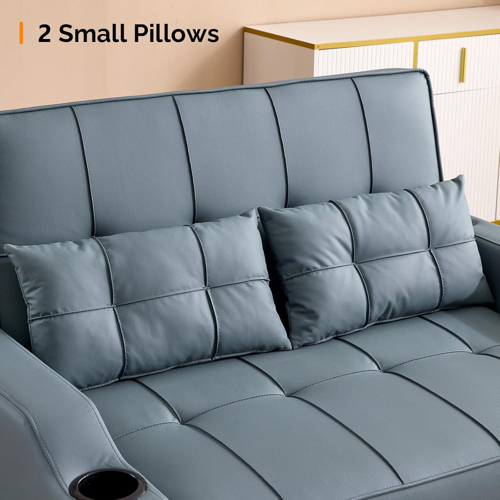 VINGLI Futon Sofa Bed Convertible Loveseat Sleeper Couch, Blue Grey Faux Leather Pull Out Couch Bed with USB Ports, Cup Holders, Armrest for Living Room, Bedroom Apartment Room