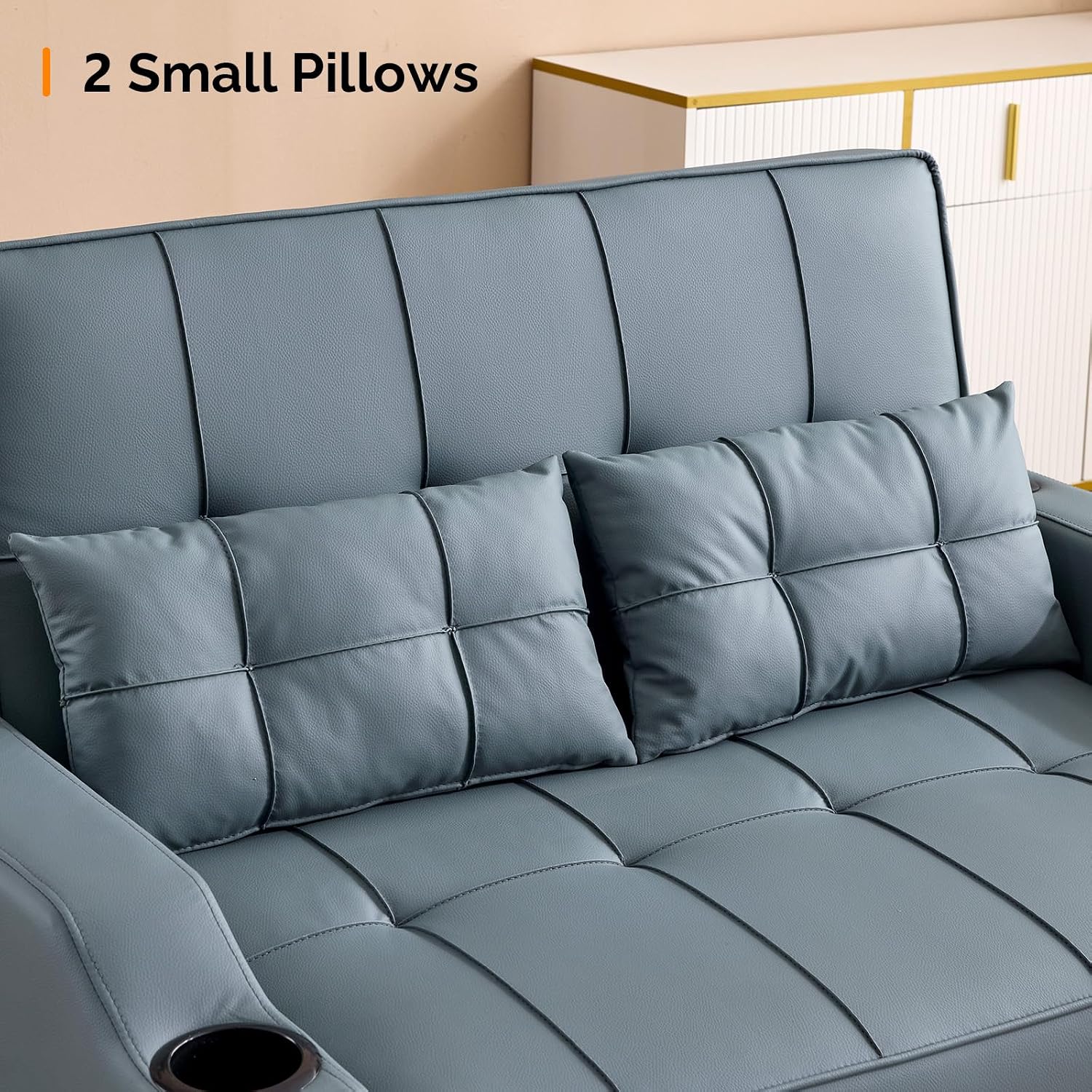 VINGLI Futon Sofa Bed Convertible Loveseat Sleeper Couch, Blue Grey Faux Leather Pull Out Couch Bed with USB Ports, Cup Holders, Armrest for Living Room, Bedroom Apartment Room