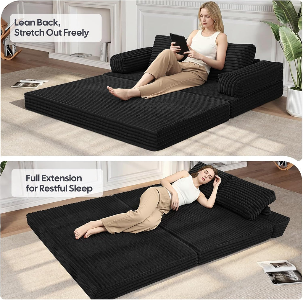 MeMoreCool Convertible Sofa Bed Black, Folding Floor Couch Bed Queen, Pull Out Sleeper Couch with Pillows, Corduroy Fold Out Futon Sofa for Bedroom Living Room Small Space