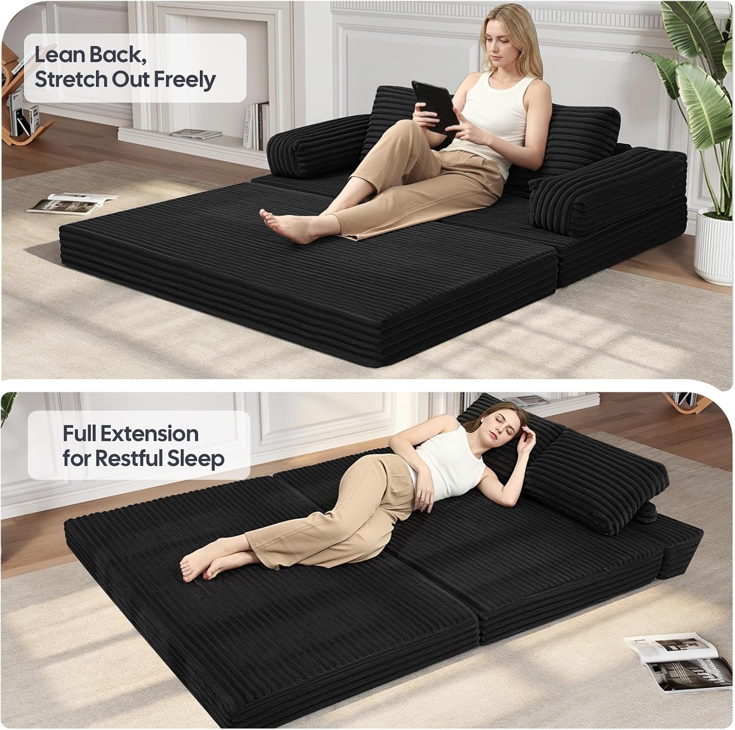 MeMoreCool Convertible Sofa Bed Black, Folding Floor Couch Bed Queen, Pull Out Sleeper Couch with Pillows, Corduroy Fold Out Futon Sofa for Bedroom Living Room Small Space