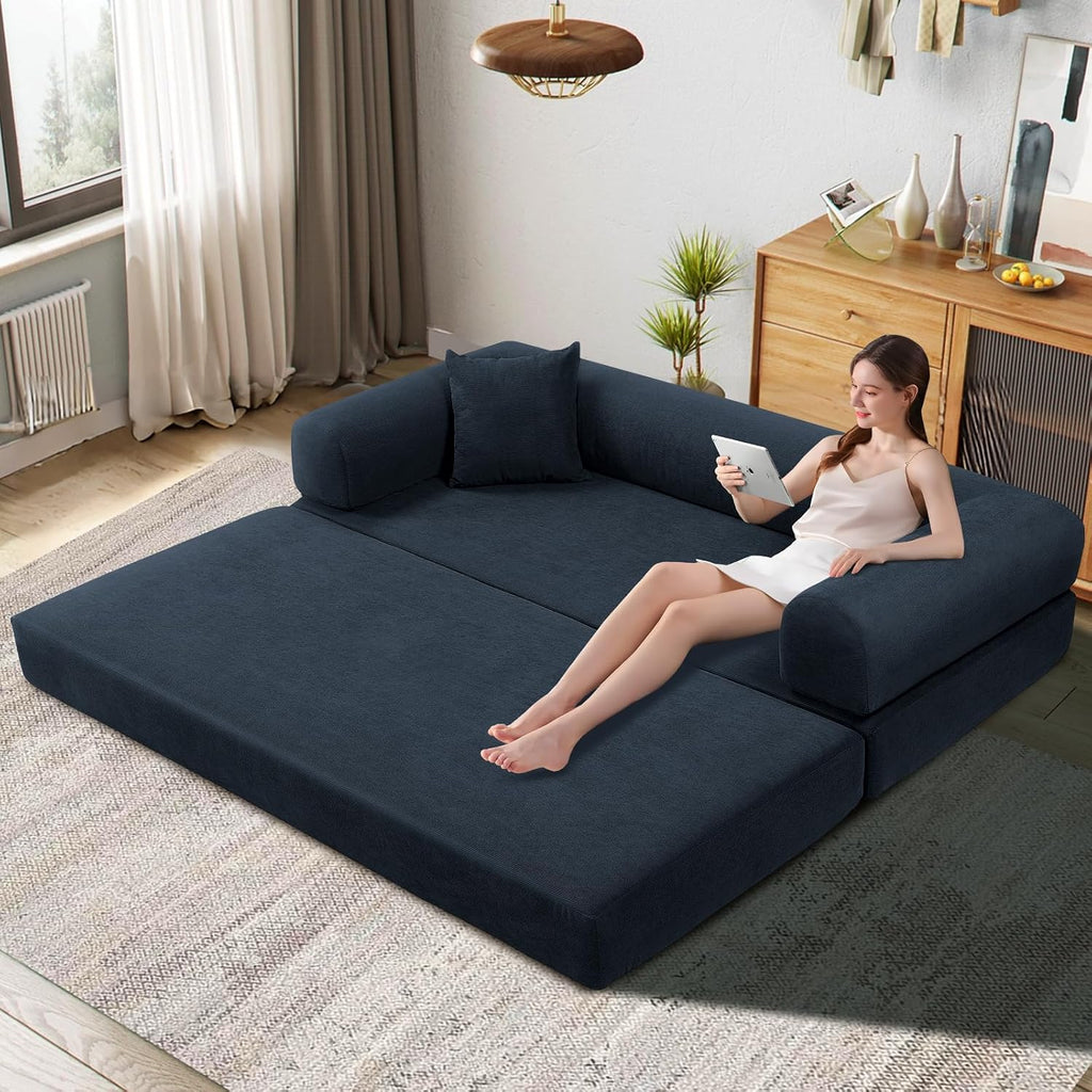 KBQ 3-Seat Convertible Sleeper Sofa Bed with 2 Pillows, Corduroy Folding Mattress Couch, Floor Sofa Lounge Couch for Living Room Bedroom Lounge Studio, Deep Blue