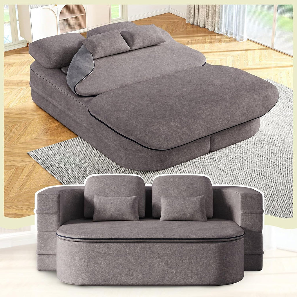 Antetek Convertible Sleeper Sofa, Modern Folding Futon Chenille Floor Foam Compression Loveseat Sofa Bed Couch, Foldable Full Size Guest Bed with 4 Pillows for Living Room Bedroom Apartment, Grey