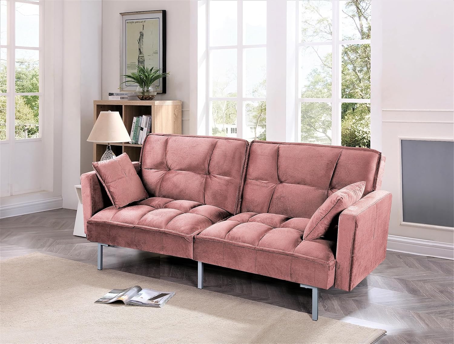 Container Furniture Direct Regal 75.6' Velvet Convertible Sofa Bed - Mid-Century Sleeper Couch w/Tufted Design & Metal Legs - Pull-Out Futon for Guests/Home (75.6' W x 34.6' D x 32' H), Rose