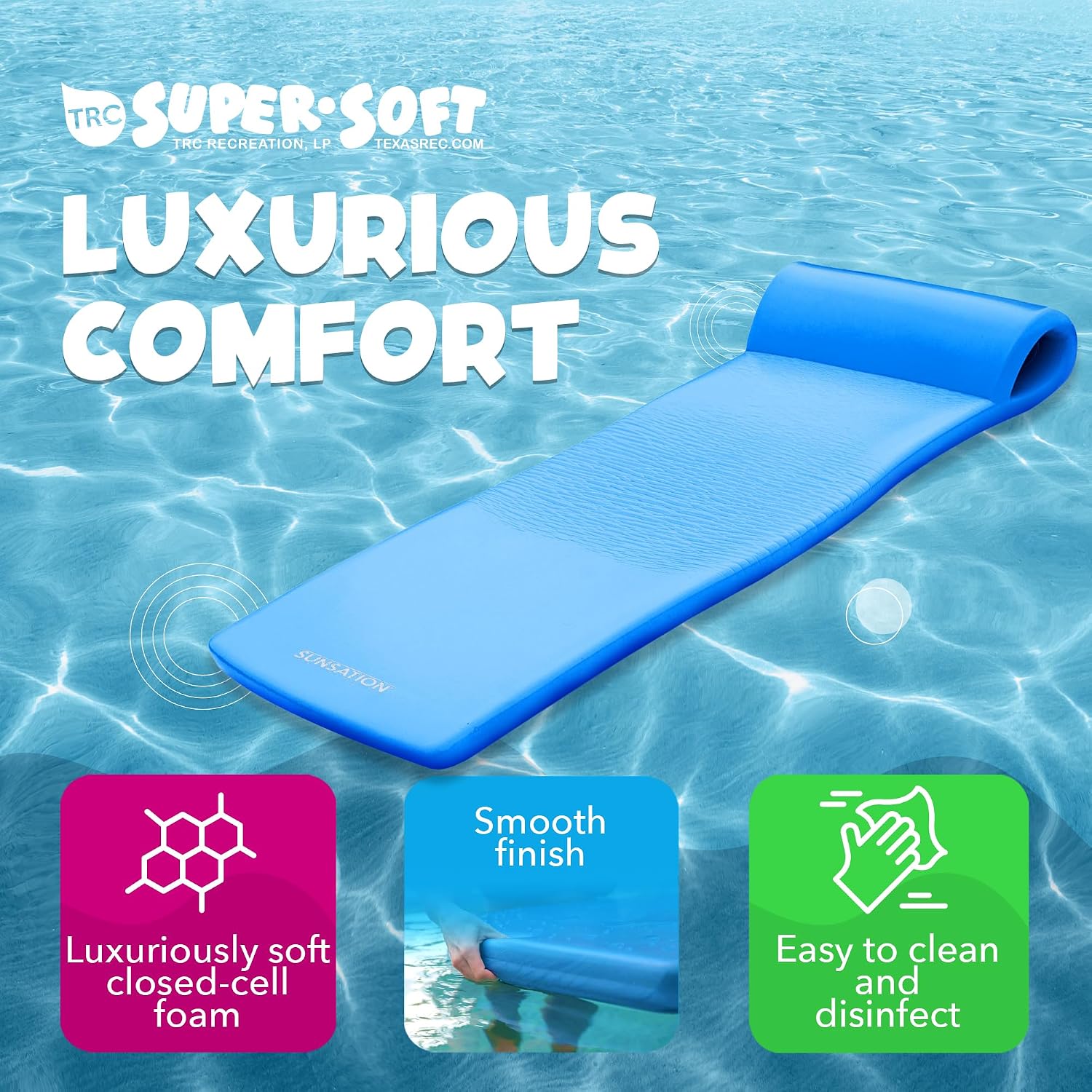 TRC Recreation Sunsation Thick Foam Pool Float Lounger w/Headrest for Lounging & Sunbathing in Swimming Pools, Beaches & Lakes