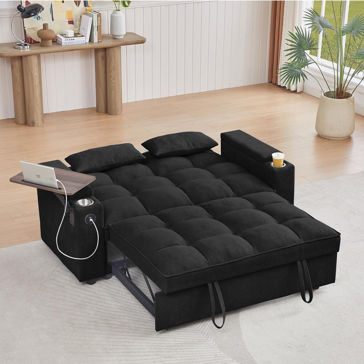 hansones 65'' 3-in-1 Folding Convertible Sofa Bed, Pullout Sofa, Modern Chenille Fabric, 360° Swivel Side Table, Easy Assembly, Perfect for Living Room, Black
