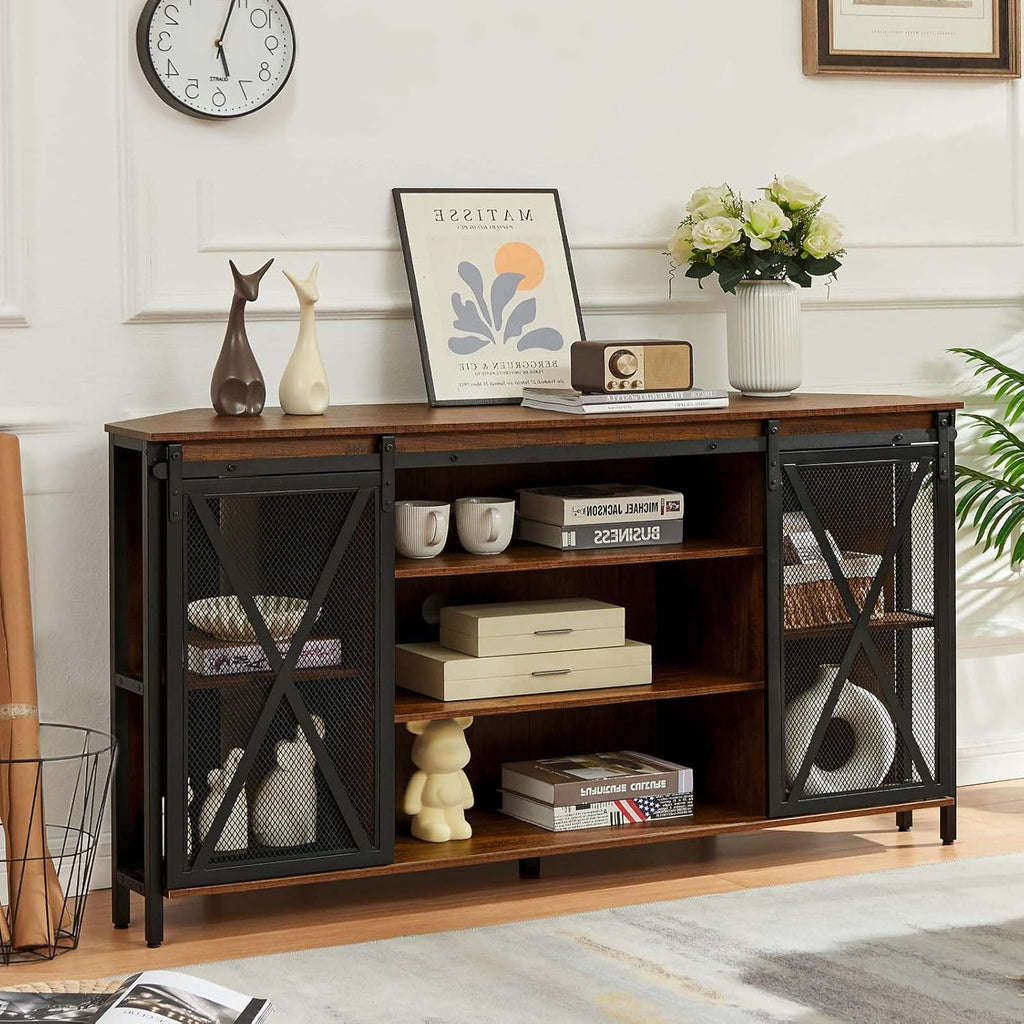 HOMISSUE Corner TV Stand for 55 Inch TV, Rustic Corner Entertainment Center with Storage, Industrial Media Console Table with Sliding Barn Door, Tall TV Cabinets Center for Living Room, Brown